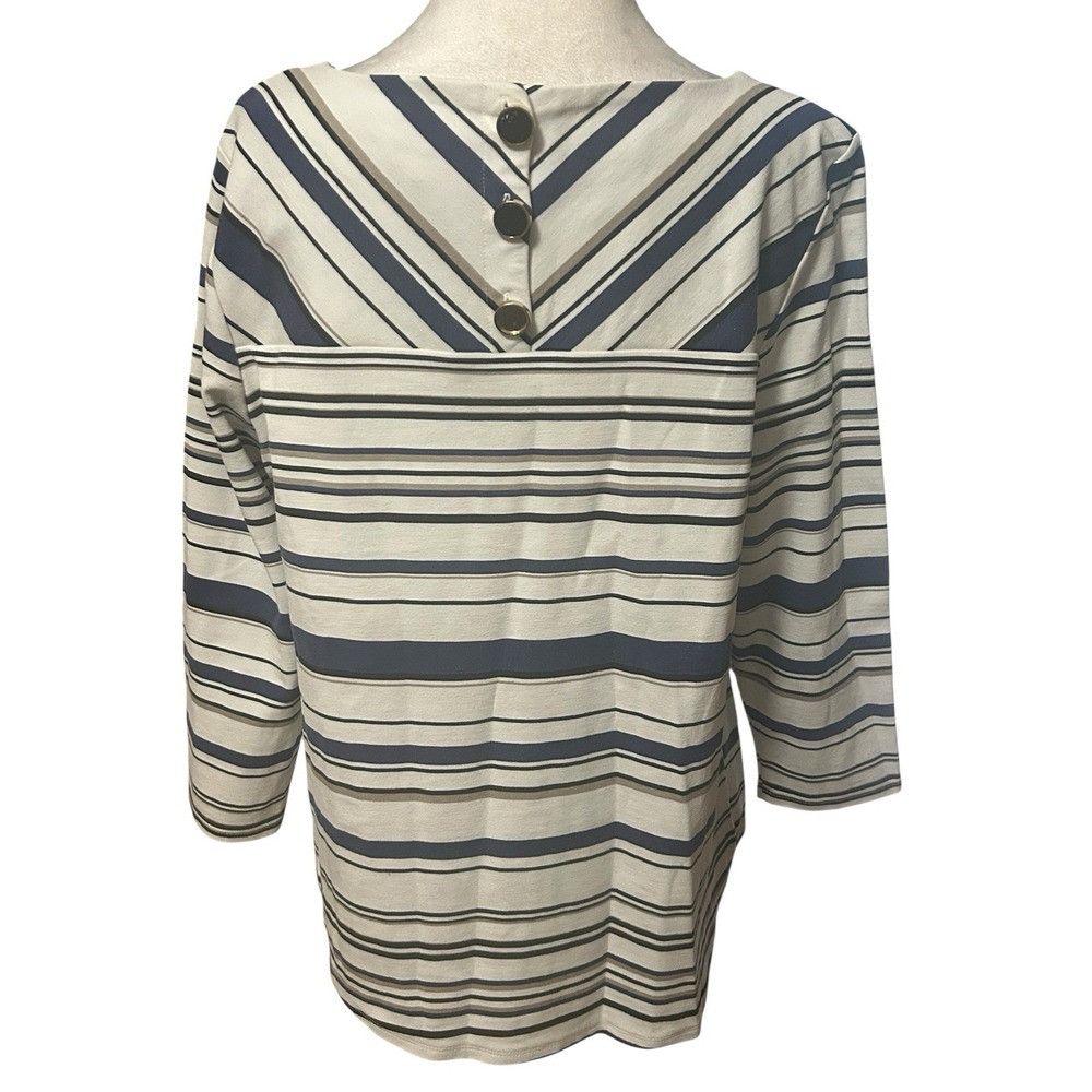 Chicos Blue and Tan Striped Top Button Detail in Back Womans SZ L